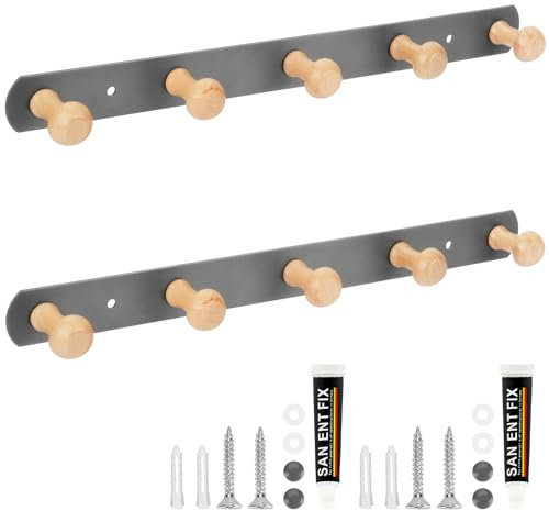 2 Stück, Kleiderhaken Holz, Garderobenleiste mit 5 Holz Hakens - Hakenleiste Küche.Garderobe Wand, Kleiderhaken tür Kleben, Flure, Badezimmer, Schlafzimmer, Wandgarderobe, Grau Kohlenstoffstahl