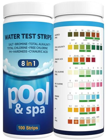 AKSBTEC 8 en 1 Bandelette Sel Piscine Bandelette Piscine Testeur Sel Piscine Test Sel Piscine Pour Piscines& Spas -Bandelettes Test Sel Piscine Testez Sel, Brome, Chlore, Ph, Alcalinité...