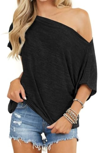 LACOZY Womens Off Shoulder Tops Summer Sexy Batwing Sleeve Loose T-Shirts Casual Oversized Blouse Tunic