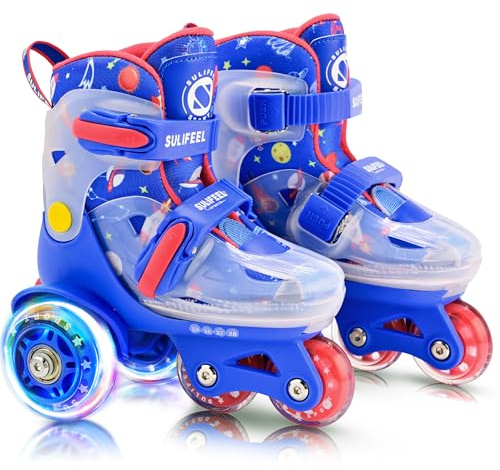 SULIFEEL Pattini in linea regolabili per bambini per ragazze e ragazzi, divertenti ruote luminose con lampeggiante a tre punti di equilibrio adatti per principianti per pattinaggio indoor