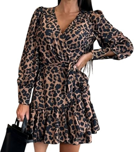 Abito Con Stampa Leopardata E Scollo A V, Mini Abito Leopardato Da Donna, Abito Corto Avvolgente Casual Da Spiaggia Con Scollo A V E Balze, Con Cintura (XL,Leopardo)