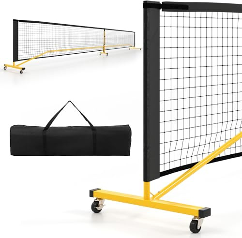 COSTWAY Filet de Pickleball Portable de 674,5 cm, Filet Badminton Exterieur en PE Résistant avec 6 Roues Verrouillables Cadre Métallique Sac de Transport, pour Intérieur/Extérieur
