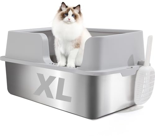 FURRYPAWS XL Stainless Steel Cat Litter Tray with Lid，50L Extra Large Metal Cat Litter Box for Big Cats ，61x41x30cm, High Sided Litter Tray, With Litter Scoop