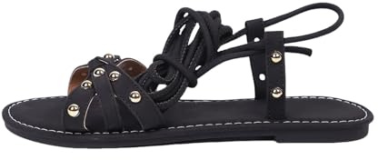 Snörningsskor för kvinnor platta nitade gladiatorsandaler för kvinnor knyt upp ben vira runt sandal gladiator knä hög sandal sexiga uppklädda tofflor öppen tå remtofflor lätta promenadskor, Svart, 5