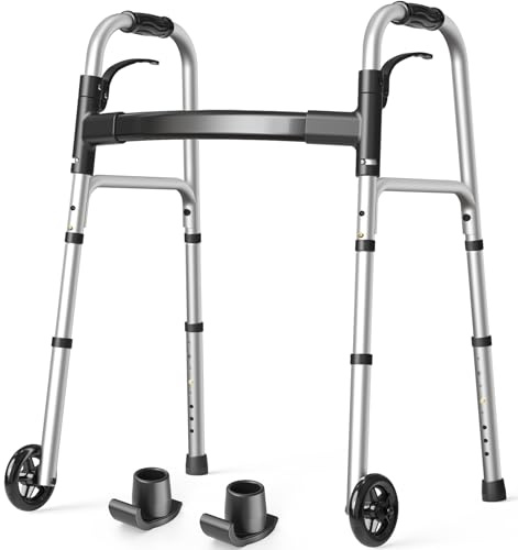 HolyHeal Folding Walkers for Seniors with 2 Skis and 5 Wheels, Lightweight Adult Rolling Walker, Supports Up to 350 Pounds, Adjustable Height, Aluminum Standard Walker, Silver