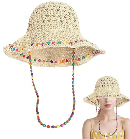 KASESSS Cappello Estivo da Spiaggia, Cappello di Paglia Donna, Cappello da Sole Donna, Cappello di Paglia Pieghevole con Collana di Perline Colorate, Protezione UV Viaggio Vacanze attività All'Aperto