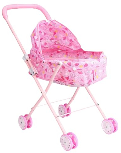 Passeggino per bambole con motivo a cuore d'amore Passeggino pieghevole per bambole con maniglia di spinta e paralume regolabile Carrozzina portatile stabile e staccabile per raga