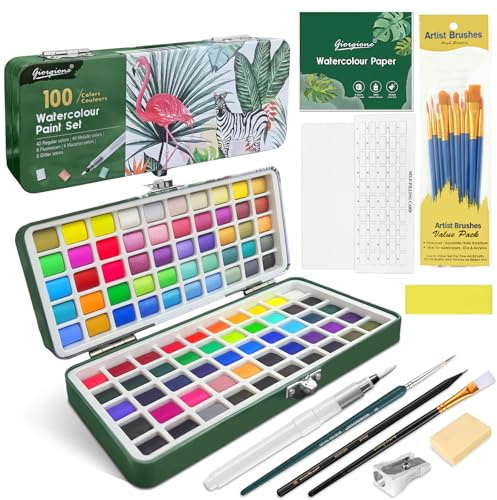flintronic Kit Acuarelas 100 Colores, Caja Portátil con Papel, Paleta y Pincel de Acuarela, para Viaje Pintores Aficionados y Artistas