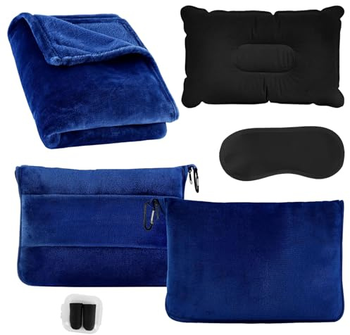 YuLiMirich Coperta da viaggio 3 in 1, ultraleggera e calda, per aereo e auto, portatile, gonfiabile, con custodia, custodia per bagagli, clip per zaino, maschera per gli occhi e tappi per le orecchie
