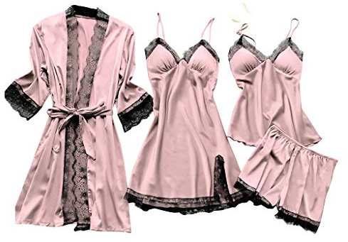 Femme 4 pièces Satin Pyjama Ensemble Dentelle Kimono Robe Pyjama Ensemble Sexy Négligé et Short Chemise de Nuit Ensemble 4 pièces, avec Coussinets de Poitrine
