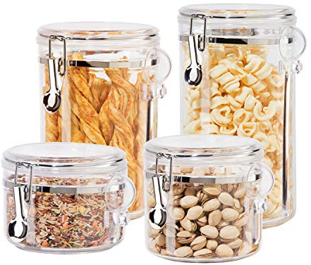 Oggi 4pc Clear Canister Set with Clamp Lids & Spoons - Airtight Food Storage Containers, Ideal for Kitchen & Pantry Storage of Bulk, Dry Food Including Flour, Sugar, Coffee, Rice, Tea, Spices & Herbs