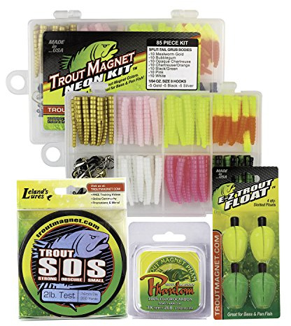 Trout Magnet Ultimate Bundle - 82 pc Trout Fishing Gear Kit - 350 Yard Trout S.O.S. Monofilament Fishing Line, Phantom Fluorocarbon Leader Line, 4 E-ZTrout Floats
