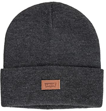 Levi's Unisex All Season Comfy Leather Logo Patch Cuffed Hero Beanie-Mütze, Grau, Einheitsgröße