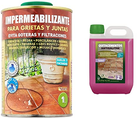 MONESTIR Impermeabilizante para Grietas y Juntas, Terrazas y Áticos, Suelo y Pared 1L & SANET Quitacementos Antisalitre Limpiador restos de Obra Suelos 2 Litros