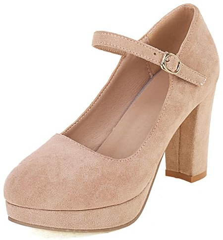 Scarpe Mary Jane da Donna con Tacco Largo, Pompe al Tallone Alto Punta Rotonda Fibbia Vestito Pumps con Plateau Eleganti Scarpe da Sera Epgjmi Beige Numero 38 EU