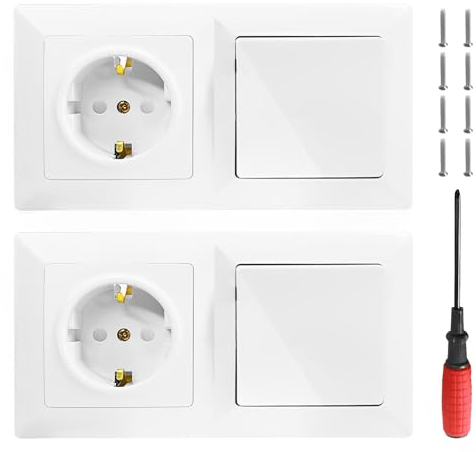 BouGPeng 2 Stück Lichtschalter mit Steckdose Kombination 230 V 2-fach Schalter-Steckdosen-Set mit Rahmen Unterputz für Wonhzimmer Küche Kinderzimmer-Weiß