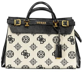 GUESS Damen Sestri Luxury Satchel Schulranzen, Tragegriff Oben, Naturfarben/schwarzes Logo