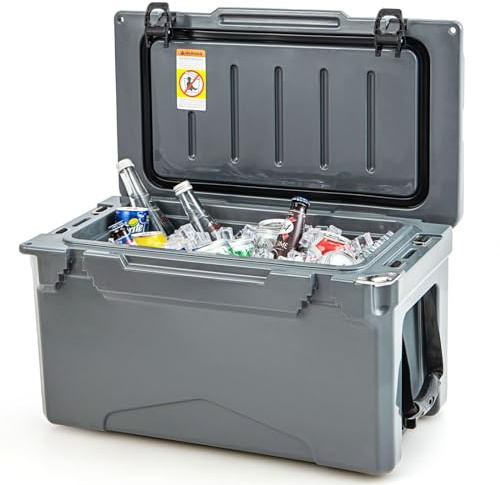GOPLUS 28L Glacière Rigide Isolée avec Joint Anti-Fuite, Double Porte-gobelets, Glacière Isotherme Portable pour Camping, Pêche, Pique-Nique, Barbecue, Rétention du Froid 5 à 7 Jours(Gris,28L)
