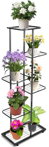 QWORK® Pflanzenständer, Multi-Layer Metall Blumenregal Pflanzenregal 6 Tier 7 Töpfe, Pflanzenregal Blumenregal, für Innen und Außen