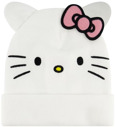 Concept One Unisex-Erwachsene Hello Kitty, Adult Acrylic Knitted Winter Cap with 3D Ears and Bow Beanie-Mütze, Weiss/opulenter Garten, Einheitsgre | Wintermütze für Erwachsene, Acryl, gestrickt, mit 3D-Ohren und Schleife