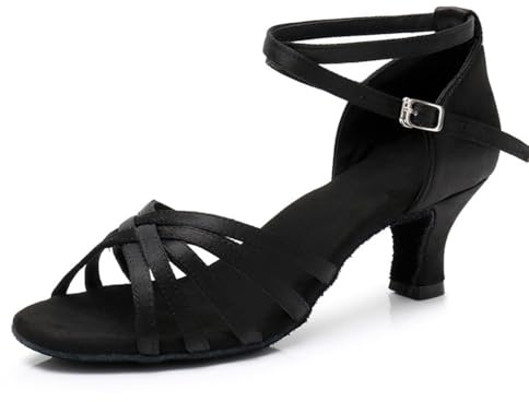 Lvguang Latinska dansskor för kvinnor 5 cm klackar latinamerikanska dansskor satin jazzskor dam Tango Bachata öppen tå skor 7 cm, 5 cm svart 02, 39 EU