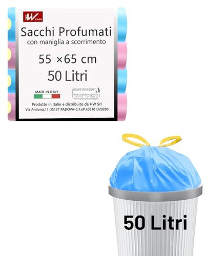 HW CASA Lot de 60 sacs poubelle écologiques de 50 L en LDPE recyclés, sacs à ordures parfumés avec poignée coulissante, équipés d'un système anti-goutte, parfaits pour la maison et le bureau, bleu