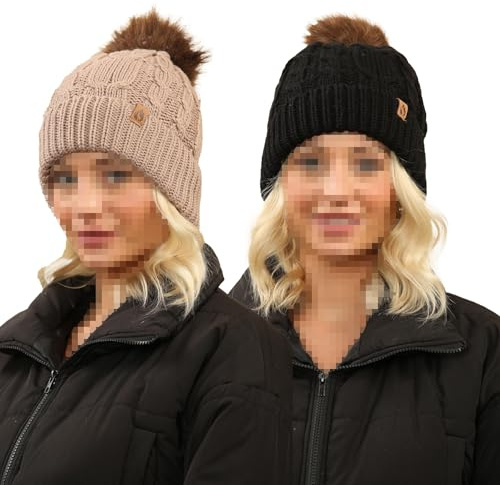 A2Z Dam Mössor 2 Pack Flätad Stickad Päls Bubbla Pom Pom - Hat LH3069 Pack A One Size