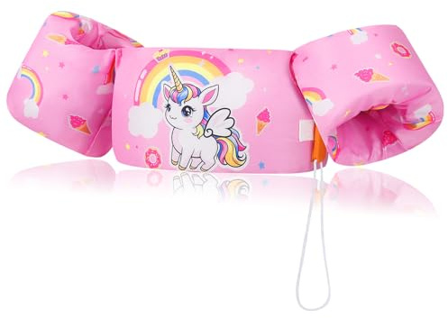 MoKo Gilet de Natation Enfant, Brassards de Natation Enfant Ceinture Réglable Gilet de Flottaison à Dessin Animé Flottant Mignon, Dispositif de Flottaison,20-50 Livres, Licorne Arc-en-Ciel Rose