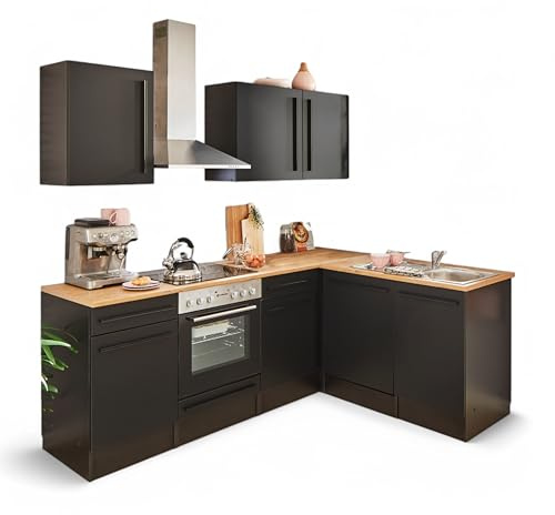 Jazz 8 Moderne Eckküche mit Elektrogeräten in Schwarz matt, Lanzelot Eiche Optik - Geräumige Küchenzeile in L-Form mit viel Stauraum - 220 x 211 x 60 cm (B/H/T)