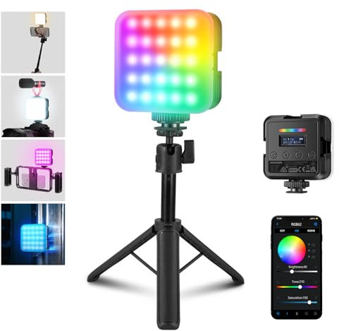 NEEWER Luz Vídeo RGB Cámara Magnética con Trípode Escritorio y 3 Zapatos Fríos, App Control Actualizado, CRI97+ 2500-8500K 17 Escenas 2000mAh Grabación Foto Recargable Panel Luz LED Pequeño, RGB62