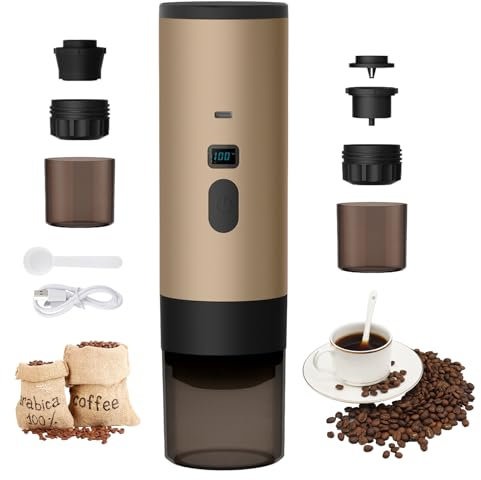 3 En 1 Machine à Cafe Portable, 72W CafetièRe Portable, 12V Expresso CafetièRe Rechargeable, USB CafetièRes Expresso à Capsules, RéServoir D'Eau 90ml, Pour Bureau Camping Voiture Voyage (Khaki)