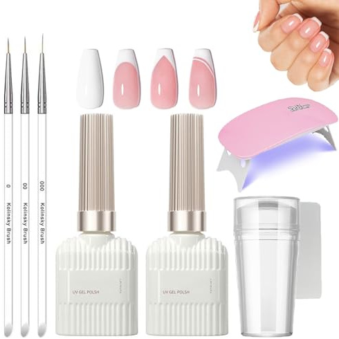 French Manicure Kit, Jelly Pink and White Gel Nail Polish Set for French Tips, French Manicure Nail Polish with Nail Stamper, Nail Lamp and 3Pcs Nail Art Pen, Long Lasting UV Nail Gel for DIY Nail Art