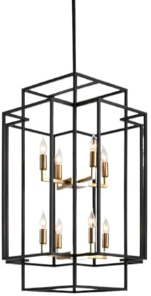 16,5 lantlig ljuskrona med 4 ljuskällor – svart och silver industriell taklampa for entré, matsal, köksö (E12-sockel)(Black+Gold,8-Light)