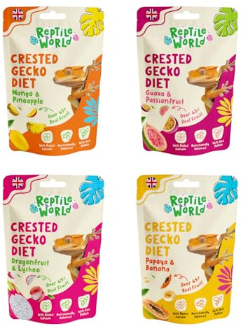 Reptile World Crested Gecko Diet Tropical Flavours 4pk (240g) | Mango & Pineapple, Guava & Passion Fruit, Dragonfruit & Lychee, Papaya & Banana, Complete Food for Geckos, All Natural, 65% Real Fruit