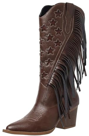 Generisch Boots - Botines para mujer, tacón de bloque, con flecos, botas de tobillo, botas de invierno, elegantes, con botas de piel, marrón, 39 EU