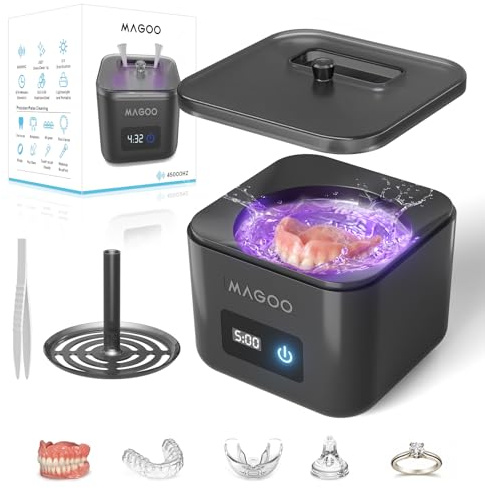 Ultrasonic Retainer Cleaner Machine, Denture Cleaner for Aligners Night Guards Braces Mouth Guards Toothbrush Heads，All-in-One Dental & Jewelry Cleaner, 45kHz 200ML, Dual Modes