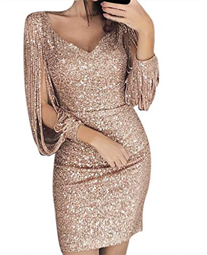 Robe Femme Chic Et Elegant De Soiree Paillette a Frange Manche Longue Pailette Reveillon Tenue Fete Paillettes Moulante Vetement Élégante À Sequins Robes Soirée Droite Hiver Charleston Sexy Bleu Noel