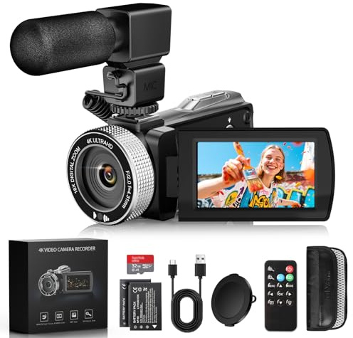 Videocamera 4K 48MP con Visione Notturna IR, Zoom Digitale 18X 3.0'' Rotazione 270° Touchscreen Vlogging Camera per YouTube, Camcorder con Telecomando, Microfono, Scheda TF da 32 GB, 2 Batterie