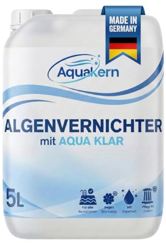 Aquakern Algenvernichter 5L [mit Aqua KLAR KOMPLEX] entfernt Grünbelag | Algizid bei Grünalgen | Für mehr als 150.000 Liter | Schaumfreier Algenverhüter | Algenschutz für Pool | Made in Germany