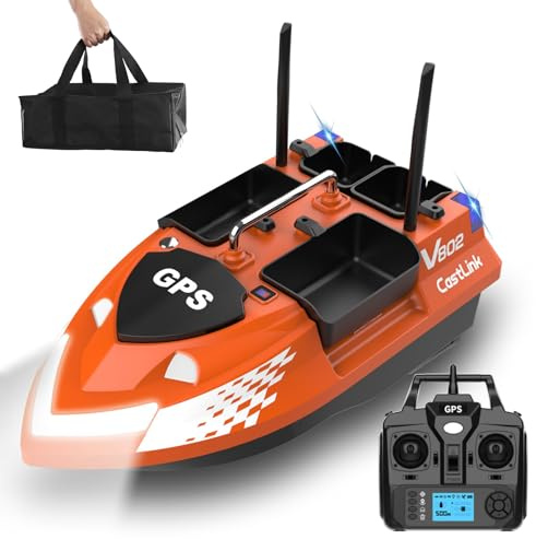 AHWZ Barco de cebo RC para pesca de carpas con GPS, rango de control remoto de 500 m, 4 tolvas de cebo, sistema de batería dual de 12000 mAh, retorno automático, control de crucero, luces de