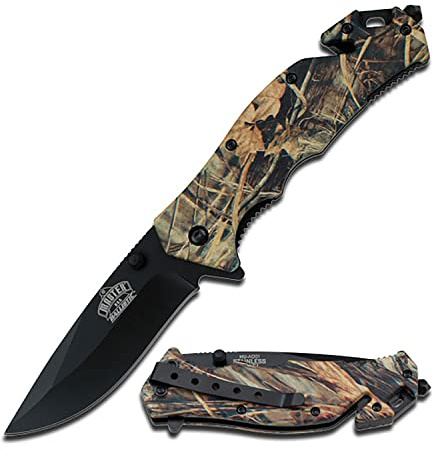 Master USA – Spring Assisted Folding Knife – Black Stainless Steel Blade, Brown Camo Coated Nylon Fiber Handle with Rope Cutter, Glass Punch and Pocket Clip, Tactical, EDC, Self Defense- MU-A001BC