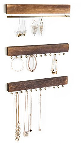 MyGift 3-Piece Wall Jewelry Organizer, Wall-Mounted Rustic Wood and Gold Tone Metal 24 Hook Necklace and Bracelet Storage Rack with Hanging Earring Bar