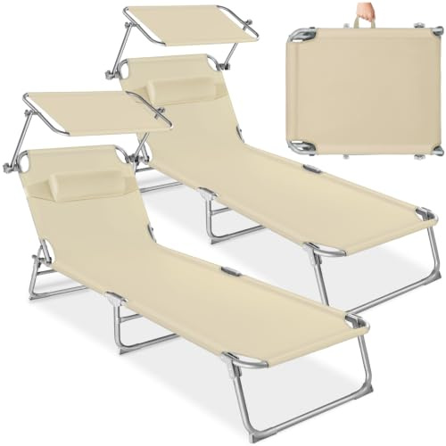 tectake® Lot de 2 chaises longues 190x68x111 cm Pliable Réglable sur 4 positions Résistante aux intempéries Respirante avec pare-soleil & appui-tête Poignée de transport Jardin Piscine Camping – Beige