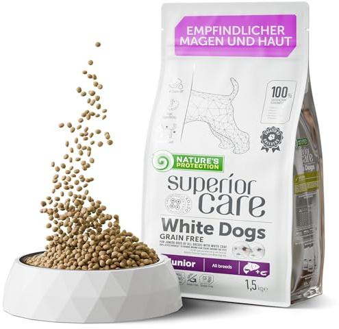 Nature's Protection Superior Care Grain Free Dry Dog Food for Junior White Dogs - Hypoallergenic Dog Food with Salmon, Omega 3 & 6 - Reduces Tear Stains, Promotes Healthy Skin & Coat, 1.5kg