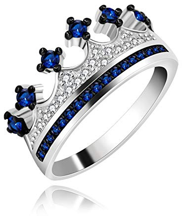 Uloveido Queen Crown Ring for Women,Blue Cubic Zirconia Wedding Band Princess Crown Eternity Promise Rings Her (Blue, size 11)