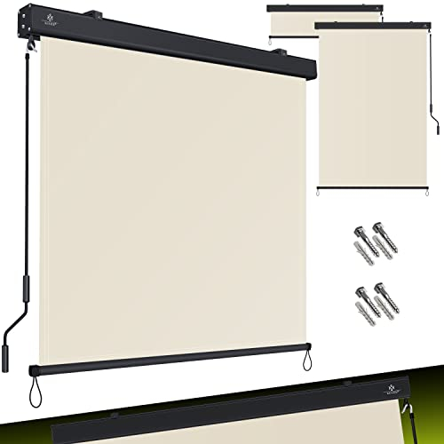 KESSER® Toldo vertical enrollable para exteriores, mecanismo de manivela, protección solar y de privacidad, con manivela y cofre, para balcón y terraza, 160 x 250 cm, beis
