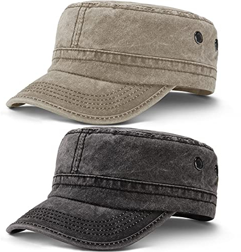 Geyoga Army Cap 2 Pieces Cadet Military Hat for Men Women Washed Cotton Flat Top Cap Unisex Outdoor Sports Casual Sun Hat(Khaki, Black)