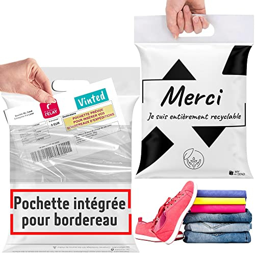 MY SEND Enveloppe Plastique Expedition x50, Emballage Colis Vinted, Envoie vetement, chaussures, livres et carton. Sac recyclable avec poignée et pochette plastique A5 pour bordereau incluses