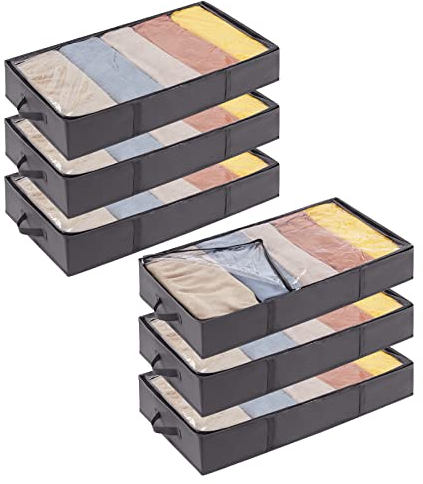 Lifewit 6 Stück 65L Unterbettkommode, Unterbett Kleideraufbewahrung Faltbare Aufbewahrungsbox mit Deckel, Kleidung Aufbewahrungstasche für Kleider Kleidung Unterbett Kleiderschrank, Grau