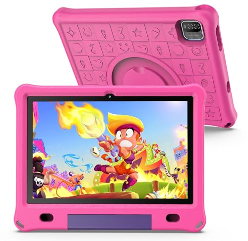 PRITOM Tableta Android 12 para niños, Pantalla IPS HD de 10'', 3GB+64GB, Software IWAWa Kids preinstalado, Control de Juegos educativos, Tableta WiFi con Estuche de Seguridad (Rosa)
